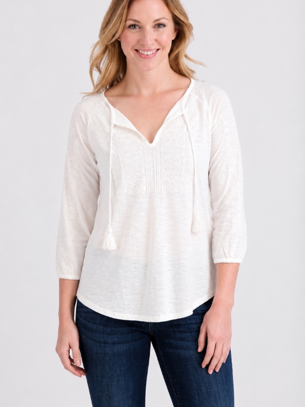 Lucky Brand Embroidered Peasant Top White 100% Cotton Tassel Tie Women Size 1X